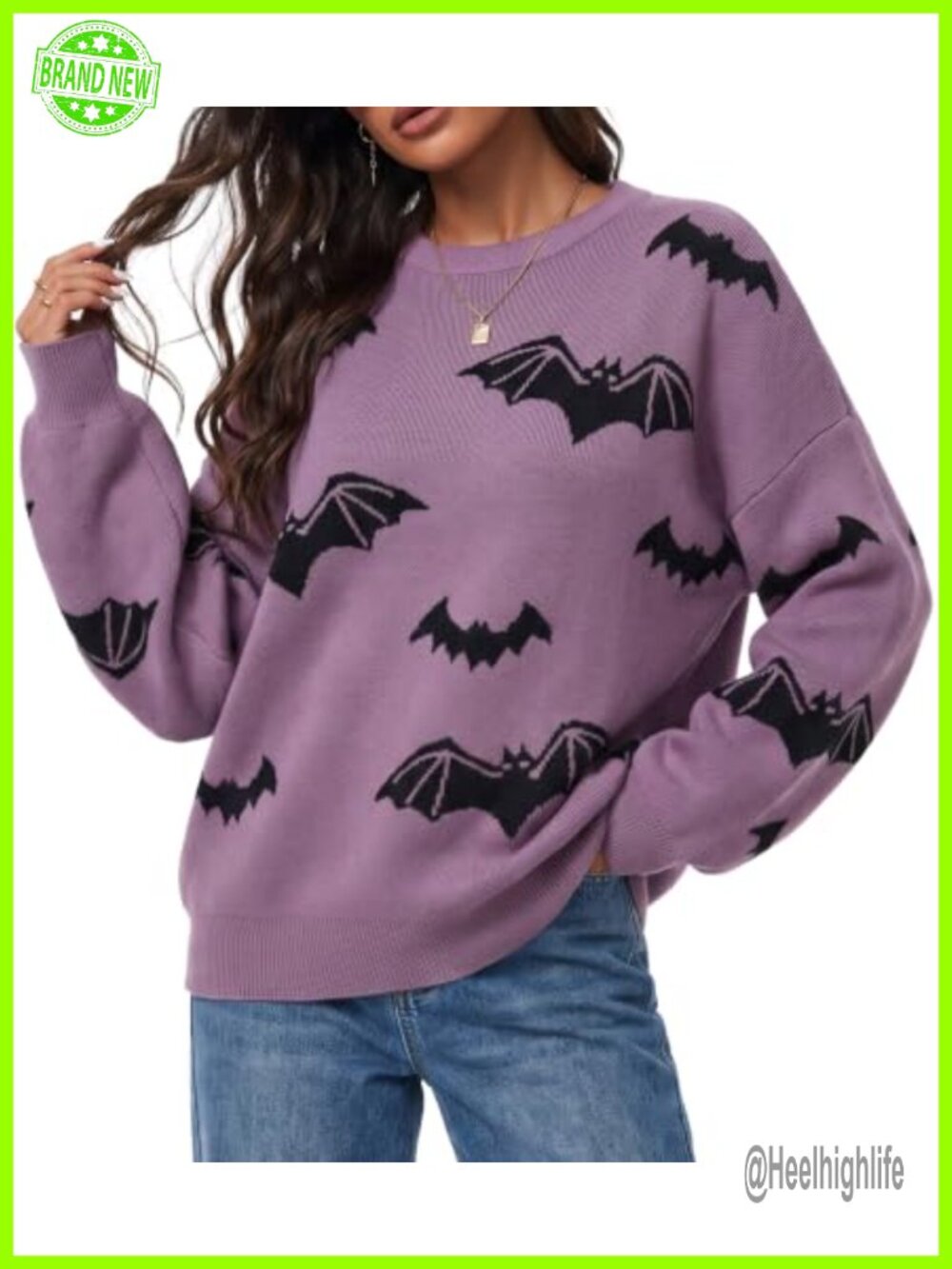 Wool Blend Oversized Sweater Pullover Crew Neck Bat Print